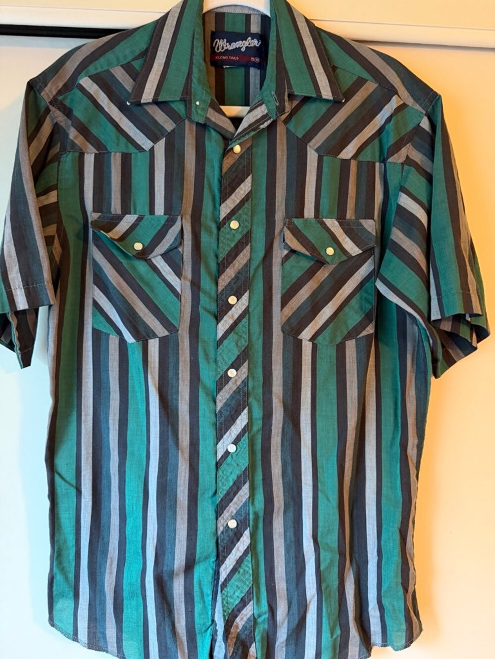 Vintage Wrangler X Long Tails Teal Gray Striped Pearl Snap Short Sleeve Shirt M